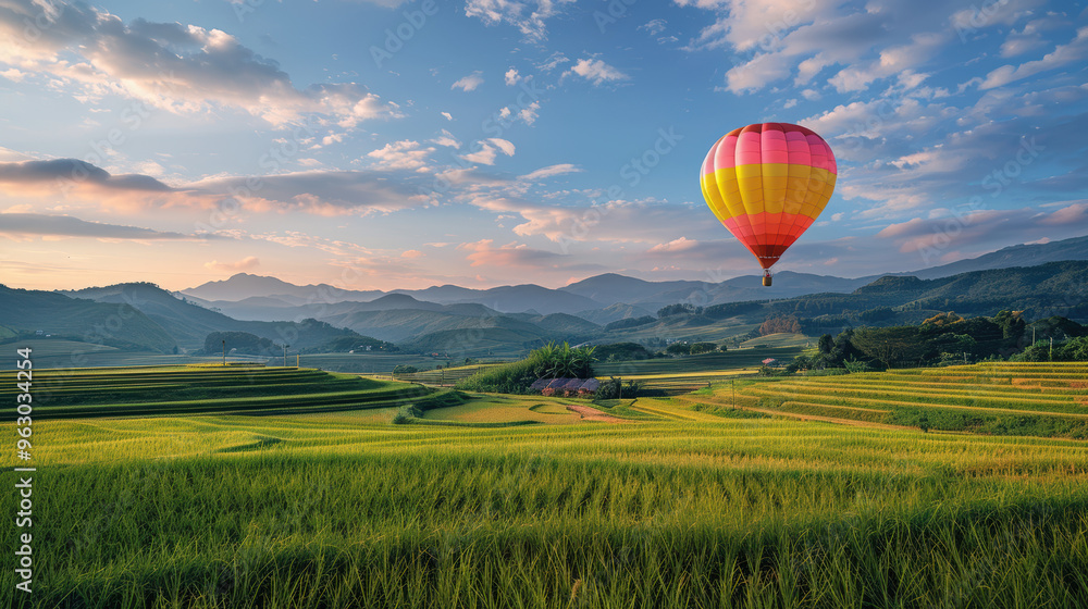 Naklejka premium A hot air balloon glides over rice paddies at sunset, with golden hues reflecting on water and silhouetted mountains beyond.