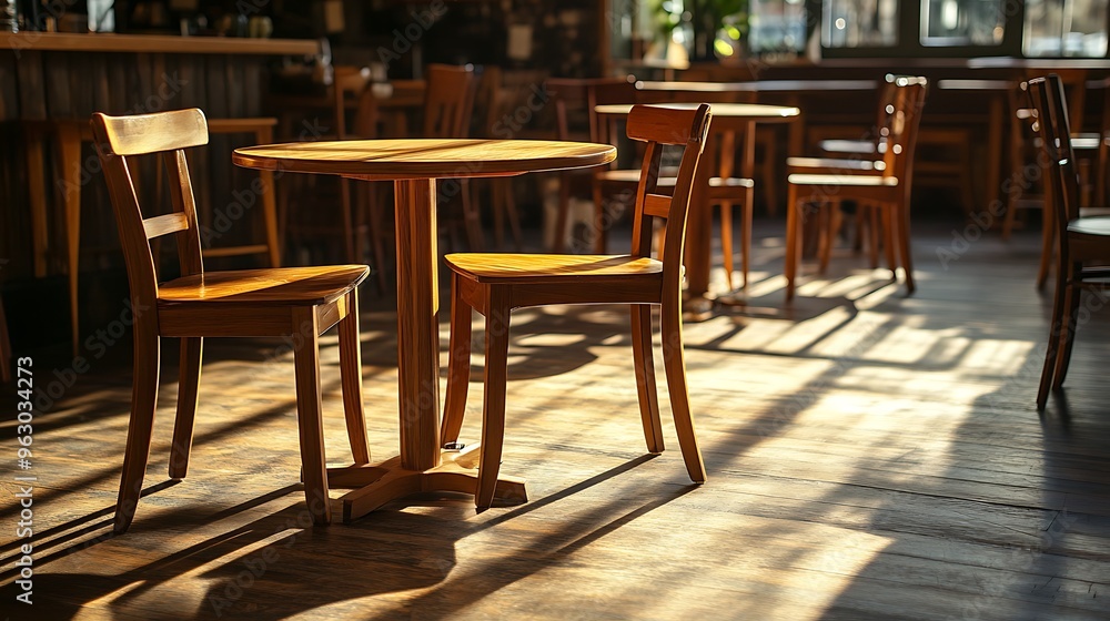 Empty wooden chairs and tables bathed in warm sunlight in a cozy coffee shop, casting soft shadows on the floor, with a background of rustic decoration Empty wooden chairs and tables bathed in warm sunlight in a cozy coffee shop, casting soft shadows on the floor, with a background of rustic decoration