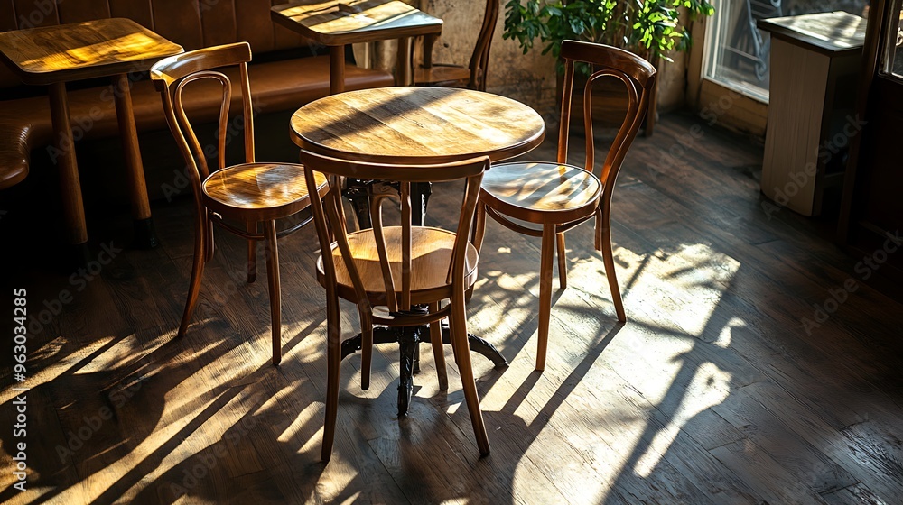 Empty wooden chairs and tables bathed in warm sunlight in a cozy coffee shop, casting soft shadows on the floor, with a background of rustic decoration Empty wooden chairs and tables bathed in warm sunlight in a cozy coffee shop, casting soft shadows on the floor, with a background of rustic decoration