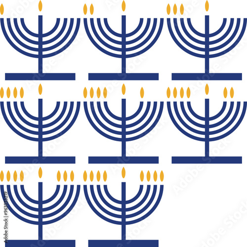 8 artboard containing all 8 Hanukkah menorahs (hanukkiah) on nights of Hannukah