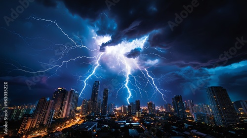 Stunning lightning strikes dramatic skyline during fierce storm, illuminating cityscape with powerful natural energy.