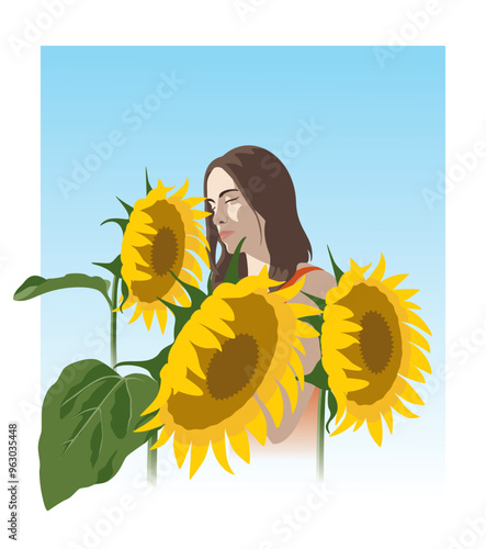 Young woman stands with tall sunflowers against clear blue sky. Peaceful summer card. Flat style with shadows, minimalism. Summertime, sunflowers field. Capturing vibe of late summer, July and August.