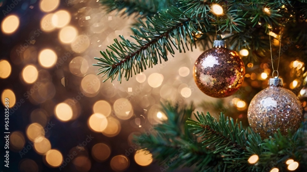 fir branches with christmas balls of different colors, on a shiny background with bokeh effect fir branches with christmas balls of different colors, on a shiny background with bokeh effect