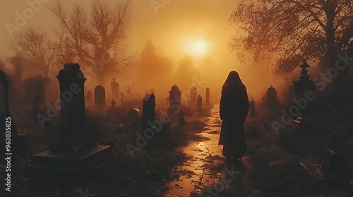 A lone figure walks through a misty graveyard at sunset.