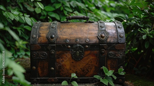 Antique chest found in the park near greenery.