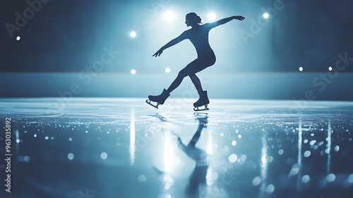 figure skater spinning gracefully on pristine ice, her silhouette reflecting on the glistening surface under the soft lights of the rink