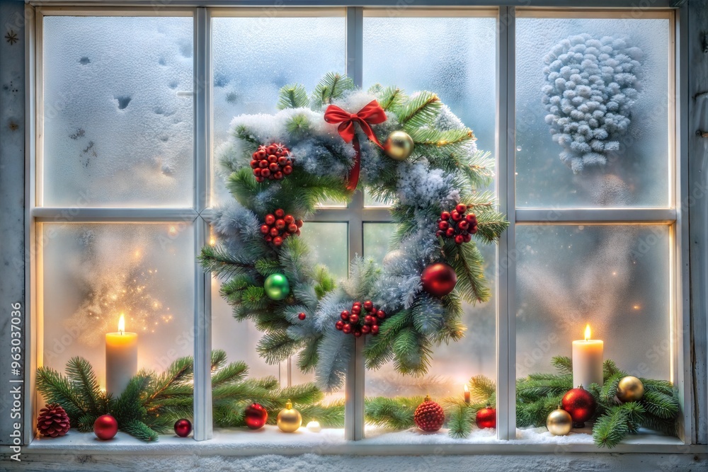 Festive holiday wreath on frosty window with glowing candles and christmas decorations Festive holiday wreath on frosty window with glowing candles and christmas decorations