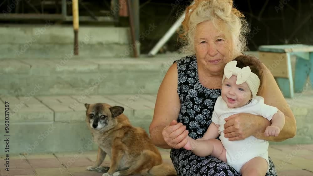 grandmother and granddaughter hug and kiss, great-grandmother holds a great-grandson of a small child in her arms. grandmother and granddaughter hug and kiss, great-grandmother holds a great-grandson of a small child in her arms.
