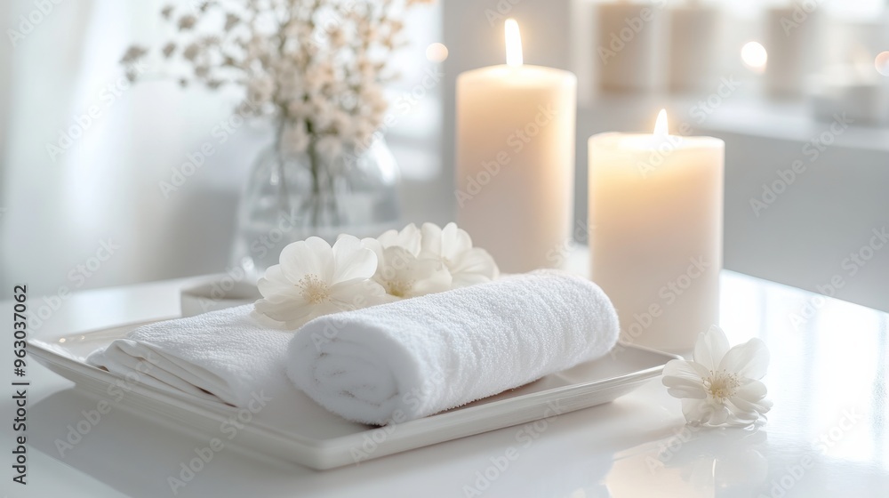 Spa Relaxation with White Towels, Flowers, and Candles. Spa Relaxation with White Towels, Flowers, and Candles.