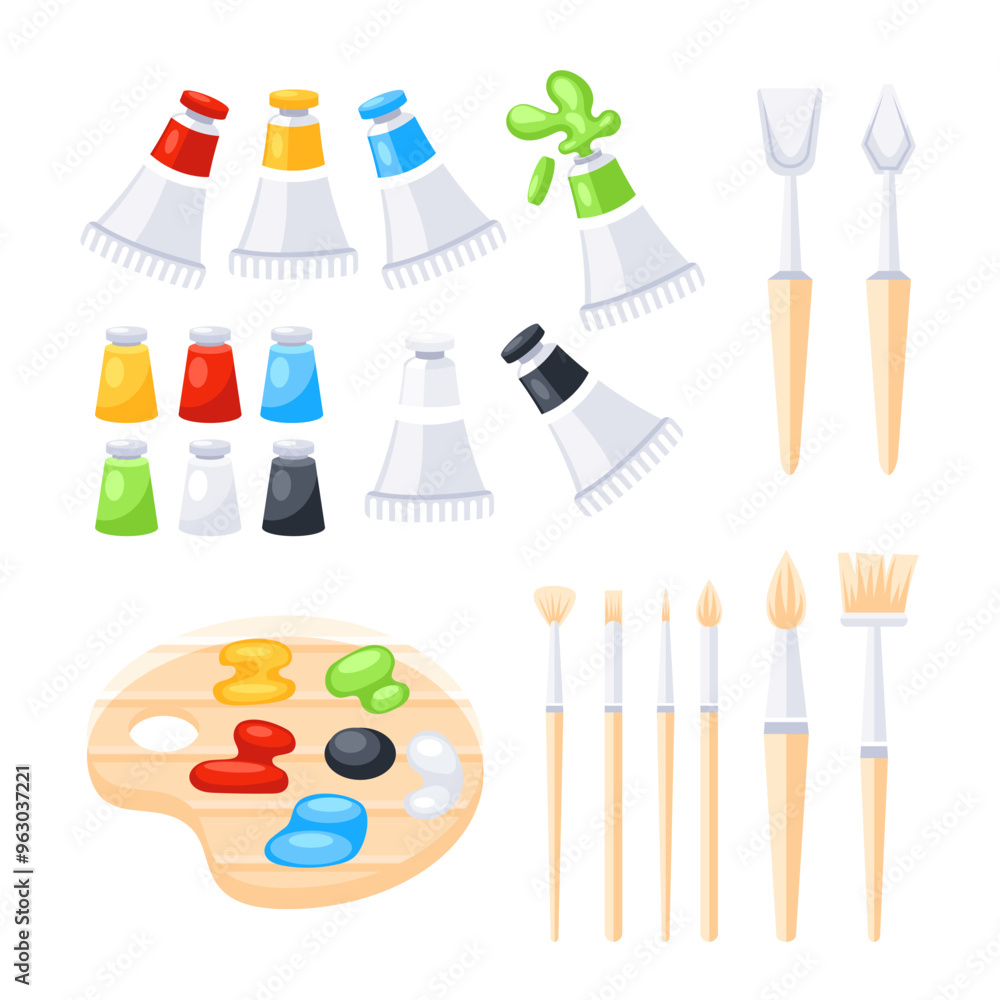Set of tools for drawing and painting including palette, paint tubes and brushes. Set of tools for drawing and painting including palette, paint tubes and brushes.