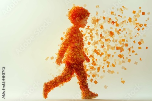Creative Learning Apps. Abstract child silhouette dissolving into particles, digital art for creativity, education, technology themes, futuristic concept, vibrant orange tones, dynamic motion, imagin