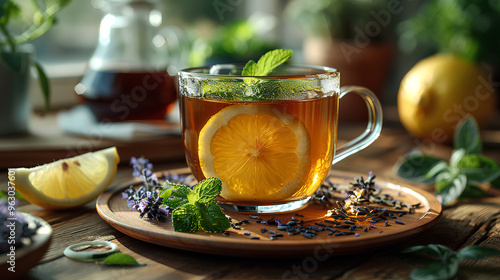 A cup of tea with a lemon slice in it is on a wooden table