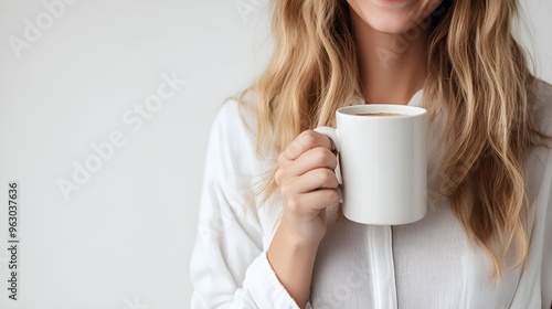 woman showing coffee mug