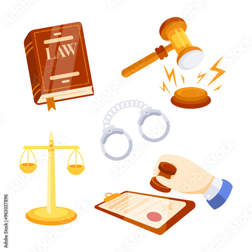 Law firm elements featuring gavel, handcuffs and book of law