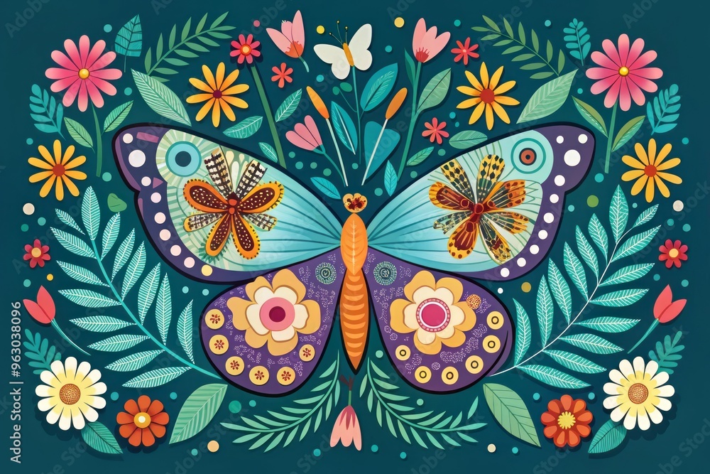 Playful butterfly floral art with bold lines and bright contrasting colors in flat vector style for cheerful illustration Playful butterfly floral art with bold lines and bright contrasting colors in flat vector style for cheerful illustration