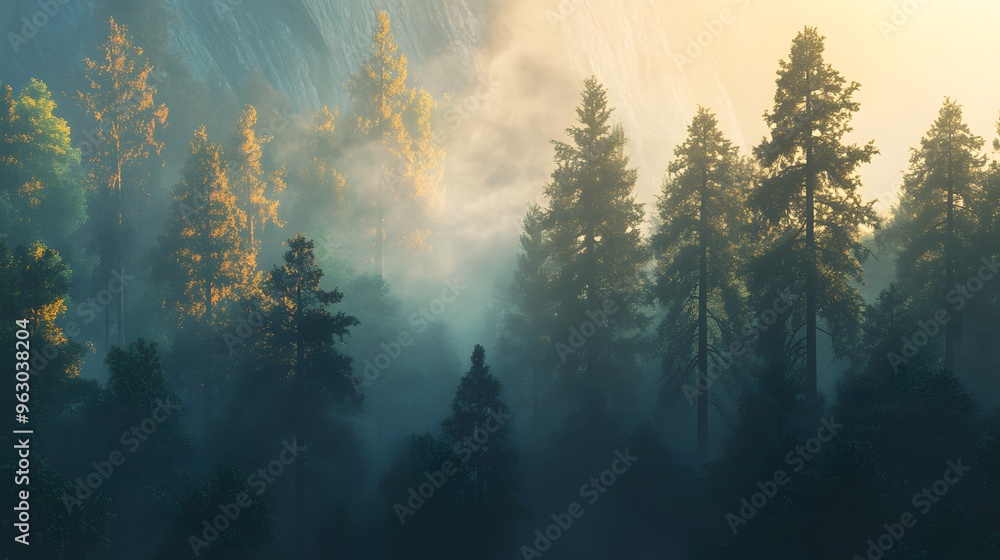 Naklejka premium A vast, untouched forest landscape with towering redwoods, misty fog drifting through the trees, golden hour lighting creating warm hues, awe-inspiring and majestic atmosphere