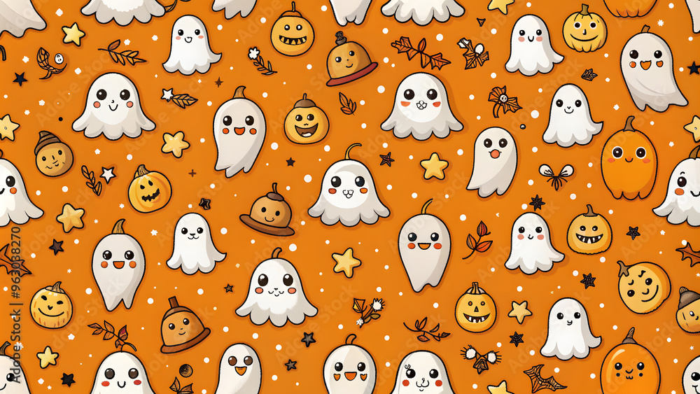 Halloween ghost seamless pattern background. Holidays cute ghost cartoon character. orange background. cute ghosts, pumpkins, corn candy, on a violet background Halloween ghost seamless pattern background. Holidays cute ghost cartoon character. orange background. cute ghosts, pumpkins, corn candy, on a violet background