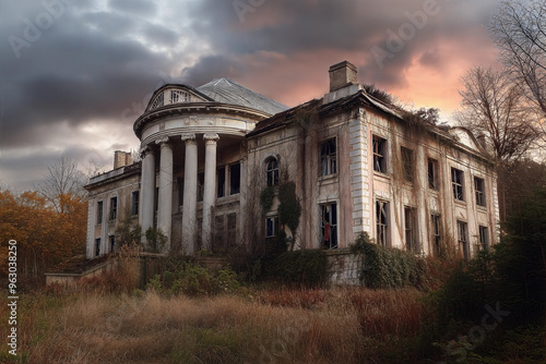 Abandoned mansion overgrown with vines and surrounded by wild grass at sunset