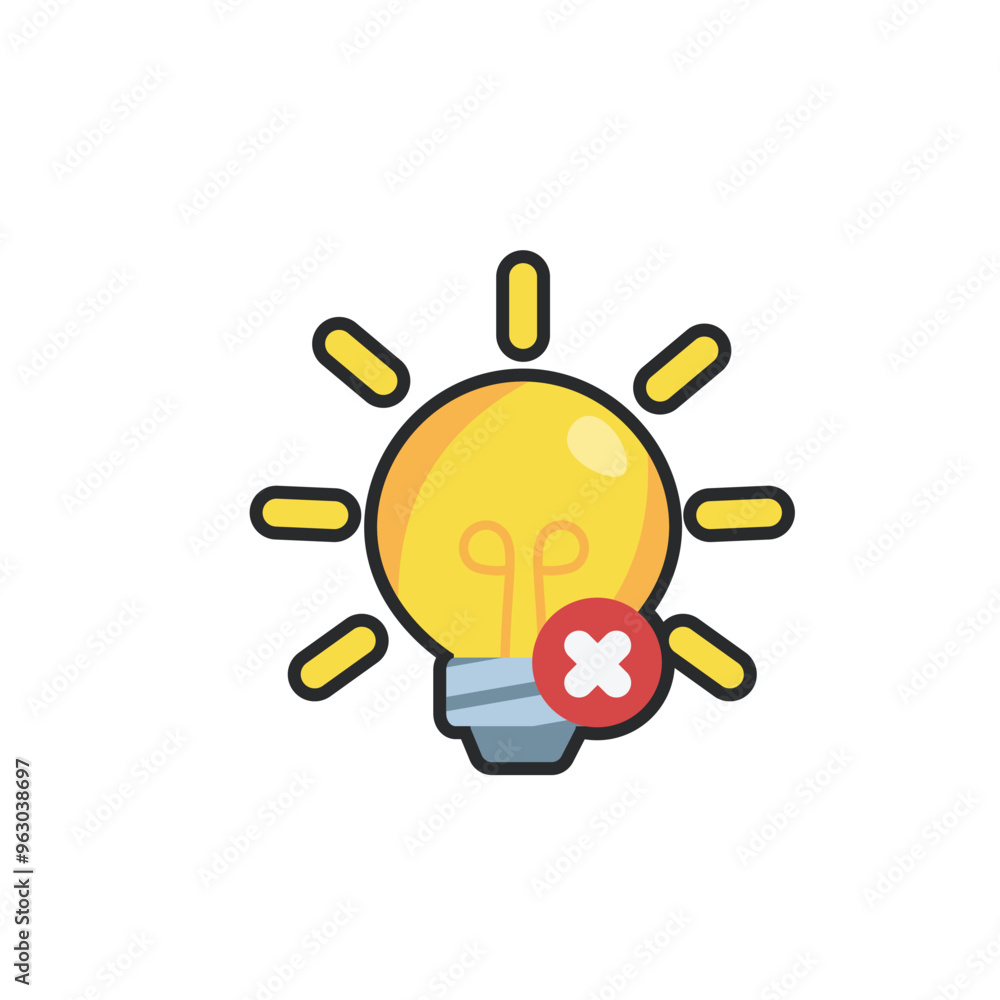 yellow bulb with red circle X sign in outline flat design. yellow bulb with red circle X sign in outline flat design.
