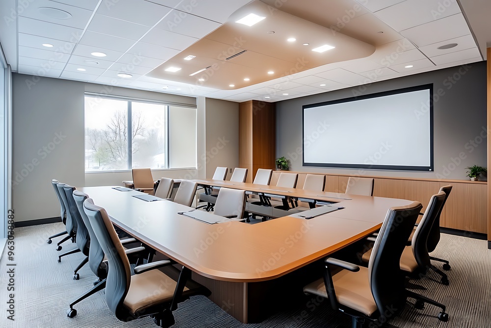 a long table, comfortable chairs, and a large screen or whiteboard in the background. Neutral wall colors, polished table, and modern office chairs a long table, comfortable chairs, and a large screen or whiteboard in the background. Neutral wall colors, polished table, and modern office chairs