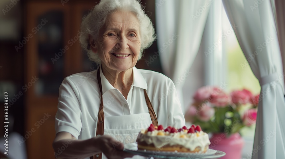 A senior woman in a white shirt and apron holds a delicious cake with raspberries and cream. A senior woman in a white shirt and apron holds a delicious cake with raspberries and cream.