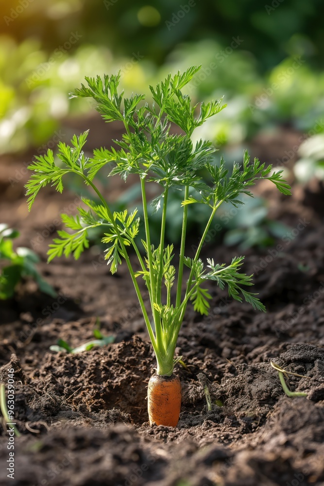 Carrot plant grows in soil with green leaves and orange root. Fresh vegetable garden scene with blurred background. Perfect for food, nature, or eco-themed projects. Carrot plant grows in soil with green leaves and orange root. Fresh vegetable garden scene with blurred background. Perfect for food, nature, or eco-themed projects.