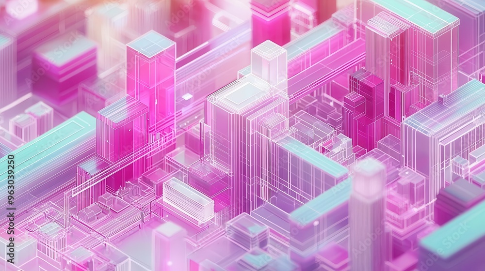 A vibrant abstract cityscape filled with glowing geometric shapes in pink and blue tones, showcasing modern digital architecture A vibrant abstract cityscape filled with glowing geometric shapes in pink and blue tones, showcasing modern digital architecture