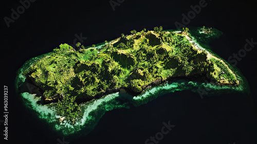 Technical aerial visual, 3D LiDAR GIS aerial map satellite scan model isolated, showing Gizo, Solomon Islands. Elevation, topography, render photo