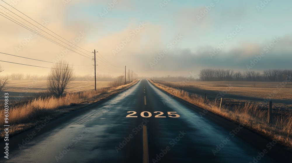 Fototapeta premium lonely stretch of road with 2025 written across it, the empty street representing a clean slate for the new year, with a backdrop of a serene, early morning sky
