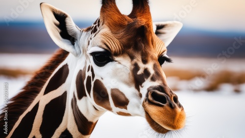 A giraffe stands calmly in a desert-like landscape its head turned slightly with ears pointed upwards. photo