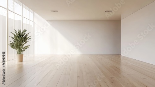 Minimalist Room with Wooden Floor and a Plant by the Window