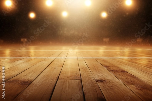 empty basketball court with spotlights shining down on the wooden floor