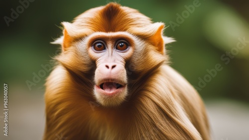 A startled monkey sits indoors with a shocked expression its light brown coat and white face visible against a blurred green backdrop.