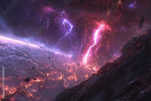 Dramatic stormy night sky with lightning bolts and clouds