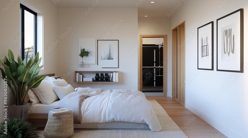 Fototapeta premium Bedroom with a reading corner and hidden workout space, cozy and functional