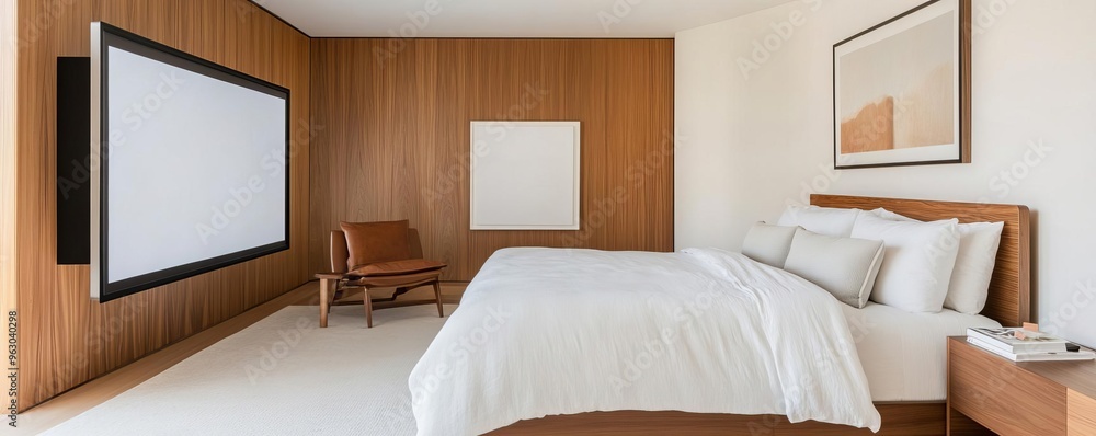 Fototapeta premium Bedroom with a retractable screen for digital art display, modern tech integration