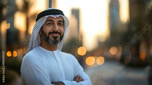 Portrait of a confident middle eastern man. Arab middle-eastern man wearing emirati kandora traditional clothing in the city photo