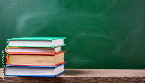 Stack of school books against green chalkboard. Reading and education concept.