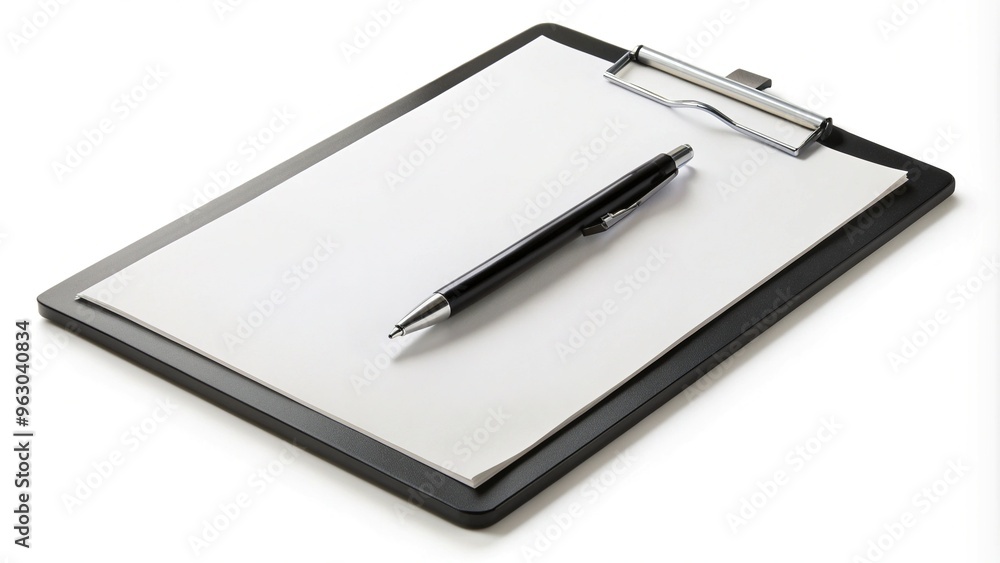 A blank white clipboard with a black pen lying on top, isolated on a pure white background, ready for note-taking or writing. A blank white clipboard with a black pen lying on top, isolated on a pure white background, ready for note-taking or writing.