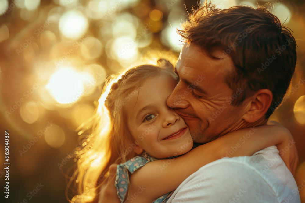 Father embracing his blonde daughter in the warmth of the sun on a summer day Father embracing his blonde daughter in the warmth of the sun on a summer day