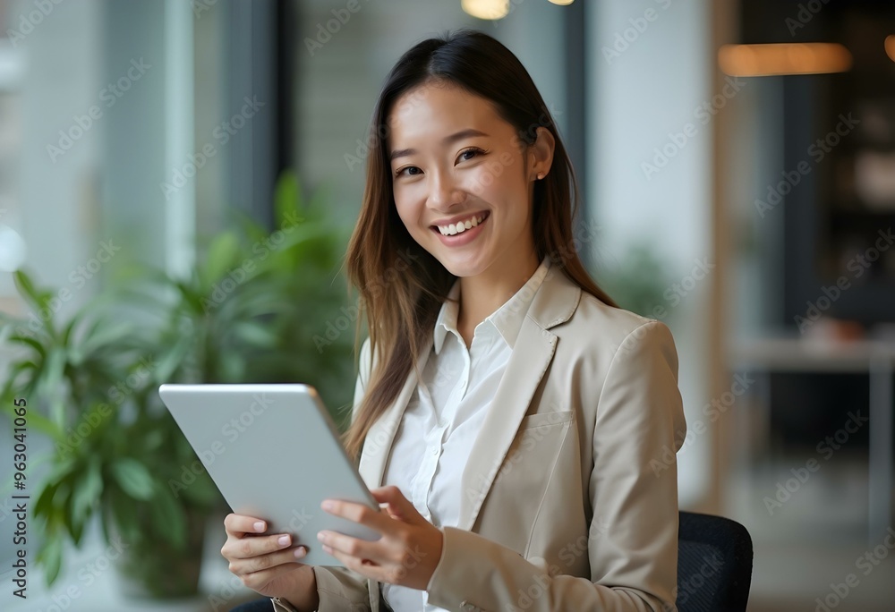 Portrait of happy businesswoman with touchpad in office looking at camera Portrait of happy businesswoman with touchpad in office looking at camera