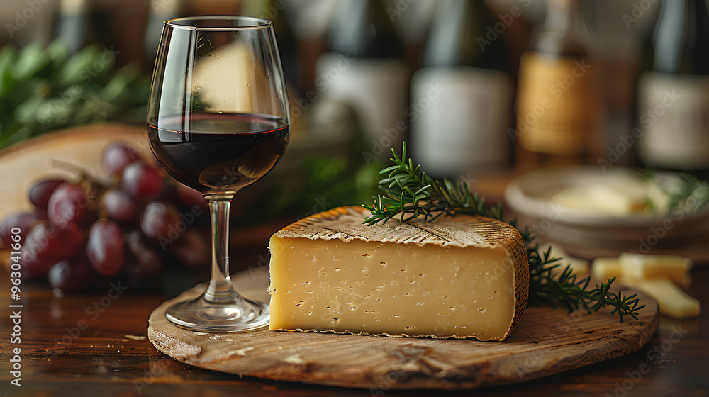 A glass of red wine is poured into a wine glass next to a wedge of cheese A glass of red wine is poured into a wine glass next to a wedge of cheese