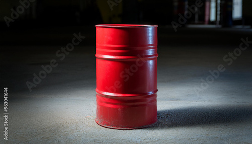 Red metal barrel on concrete floor in warehouse. Container for danger biological liquids. photo