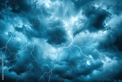 Dramatic stormy sky with dark clouds and lightning bolts. Concept of power, nature, weather, danger, and natural disaster