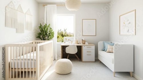 Convertible nursery with a hidden home office setup, serene and multifunctional photo