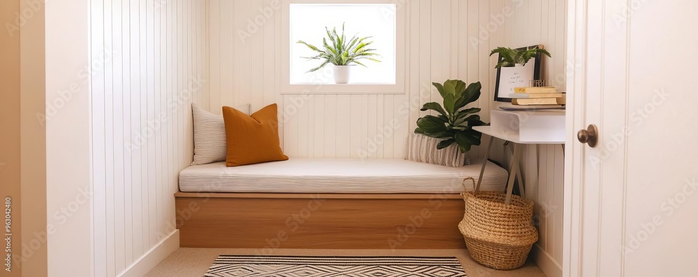 Cozy nook with a meditation area and small desk, calm and efficient Cozy nook with a meditation area and small desk, calm and efficient