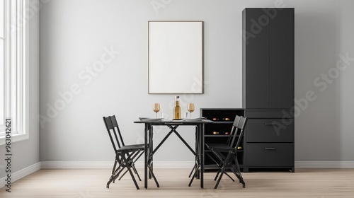 Dining area with foldable chairs and storage cabinets, urban small-space solution