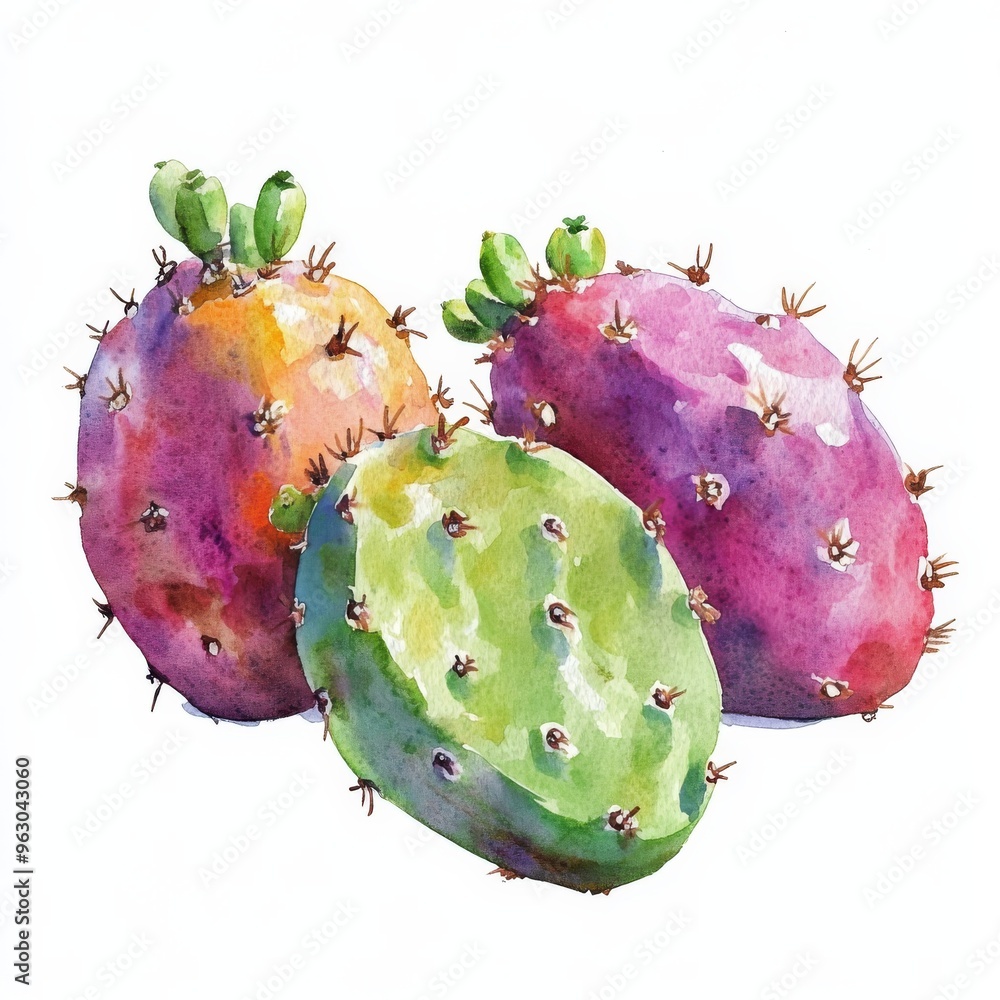 Watercolor illustration of prickly pear cactus. Watercolor illustration of prickly pear cactus.
