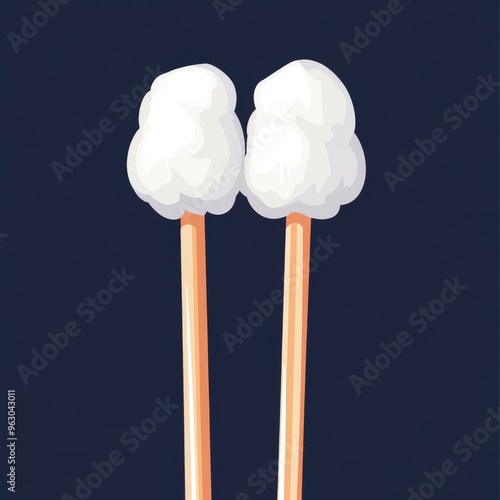 Two white fluffy cotton balls on wooden sticks.