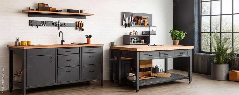Industrial-style kitchen with a workstation and tool storage, rugged and practical Industrial-style kitchen with a workstation and tool storage, rugged and practical
